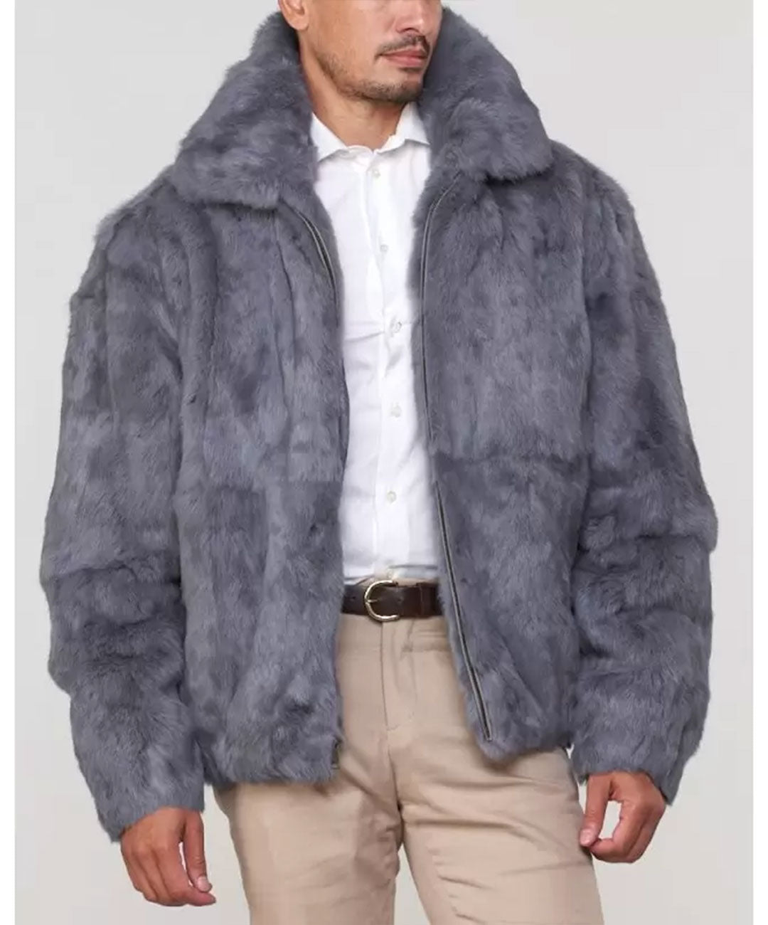 Men's Grey Rabbit Hooded Bomber Jacket