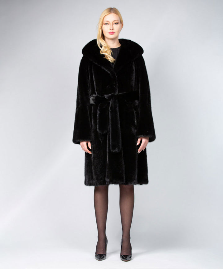 Women's Black Long Mink Coat with Hood