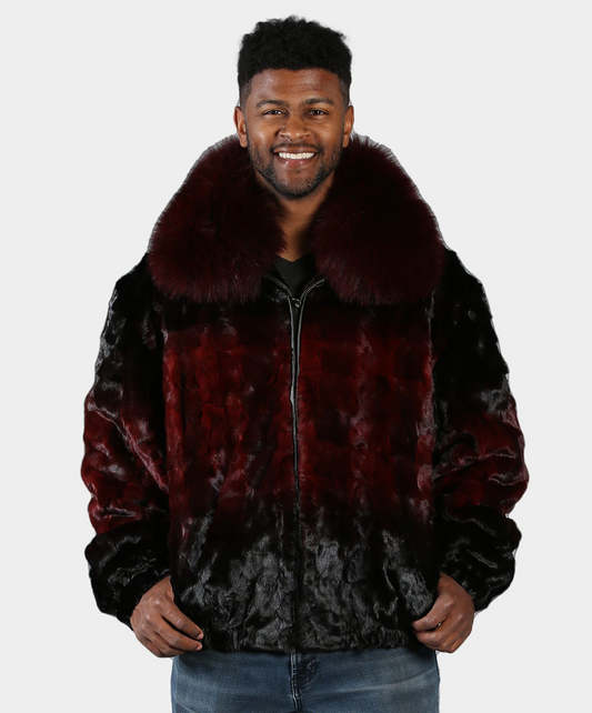 Cross Burgundy Mink Fur Bomber Jacket with Fox Fur Collar