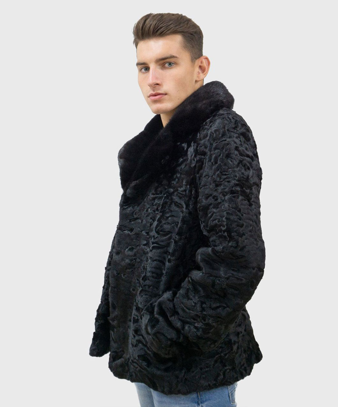 Men's Black Astrakhan Fur Jacket with Mink Fur Collar