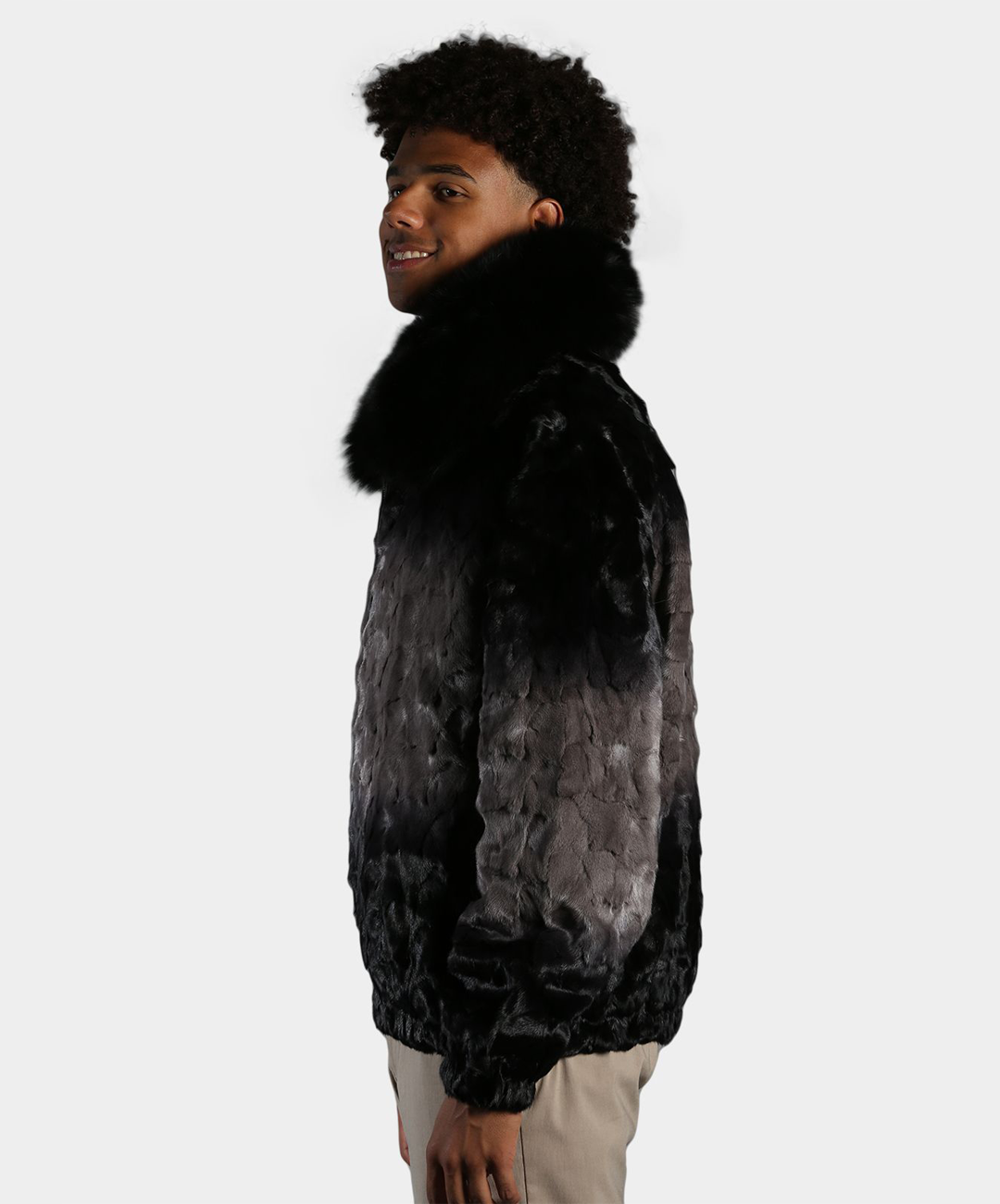 Cross Charcoal Mink Fur Bomber Jacket with Fox Collar