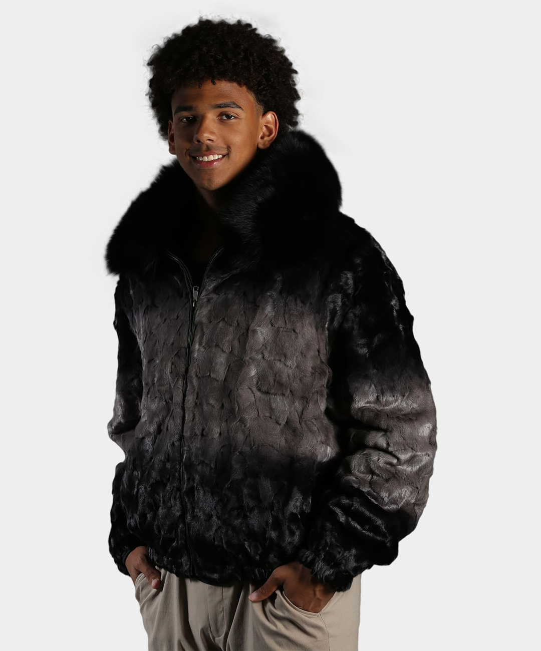 Cross Charcoal Mink Fur Bomber Jacket with Fox Collar