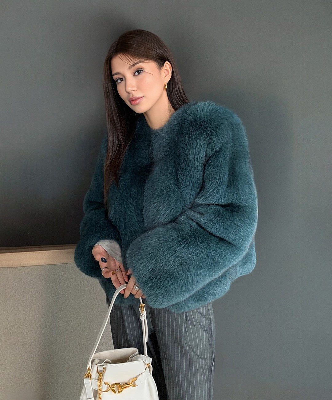 Women's Deep Teal V-Neck Fox Fur Jacket