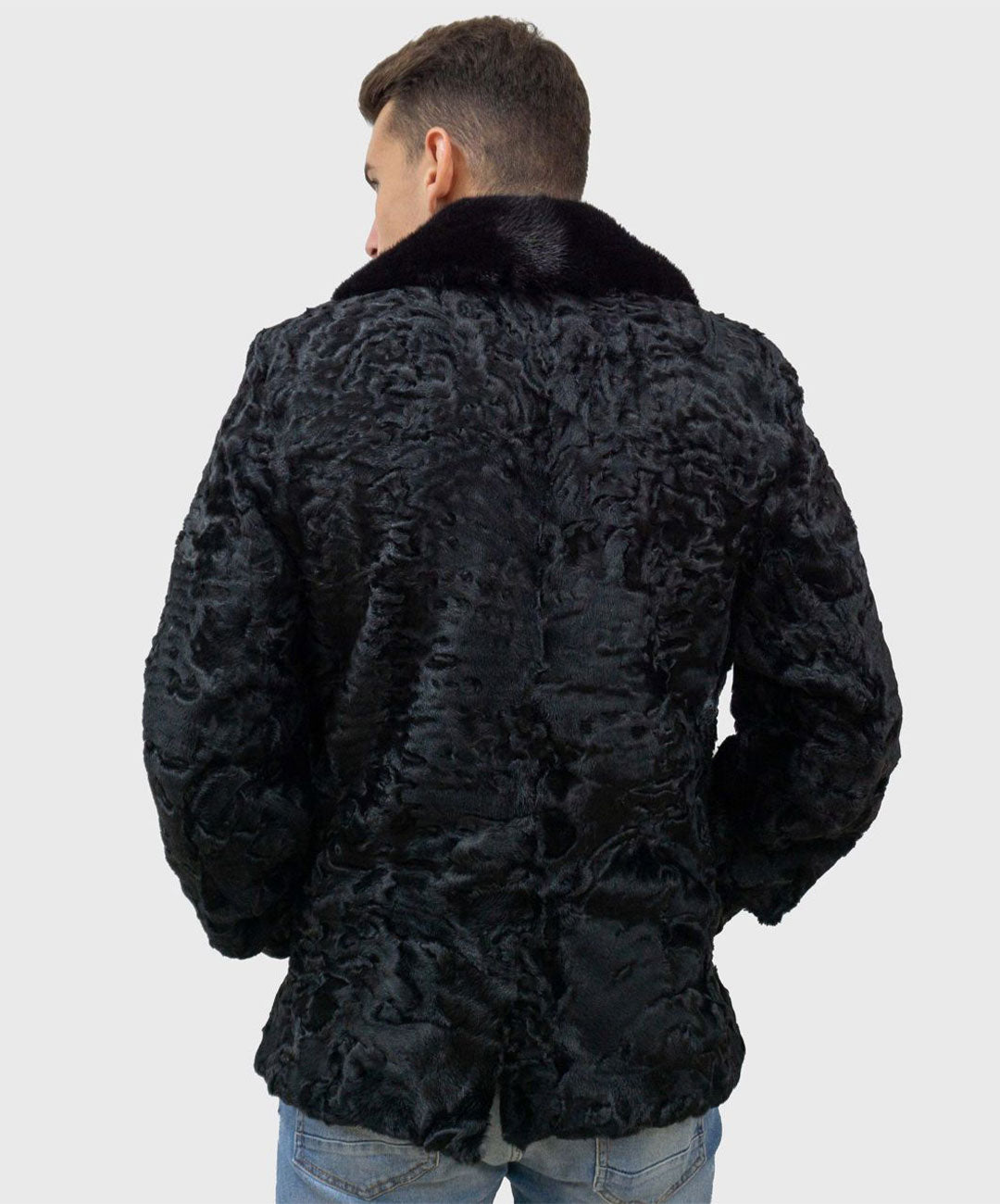 Men's Black Astrakhan Fur Jacket with Mink Fur Collar