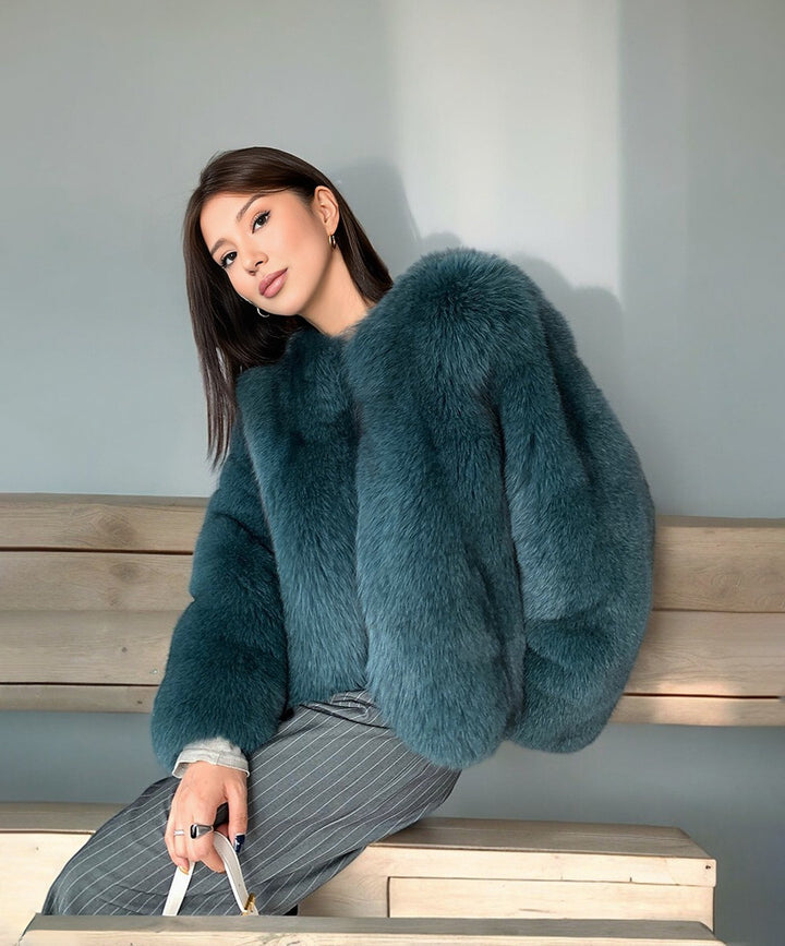 Women's Deep Teal V-Neck Fox Fur Jacket