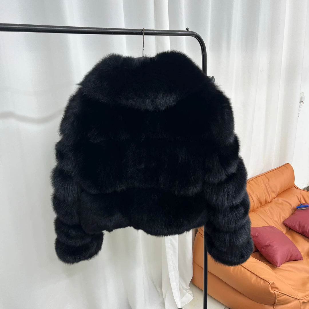 Women's Shawl Collar Black Fox Fur Jacket