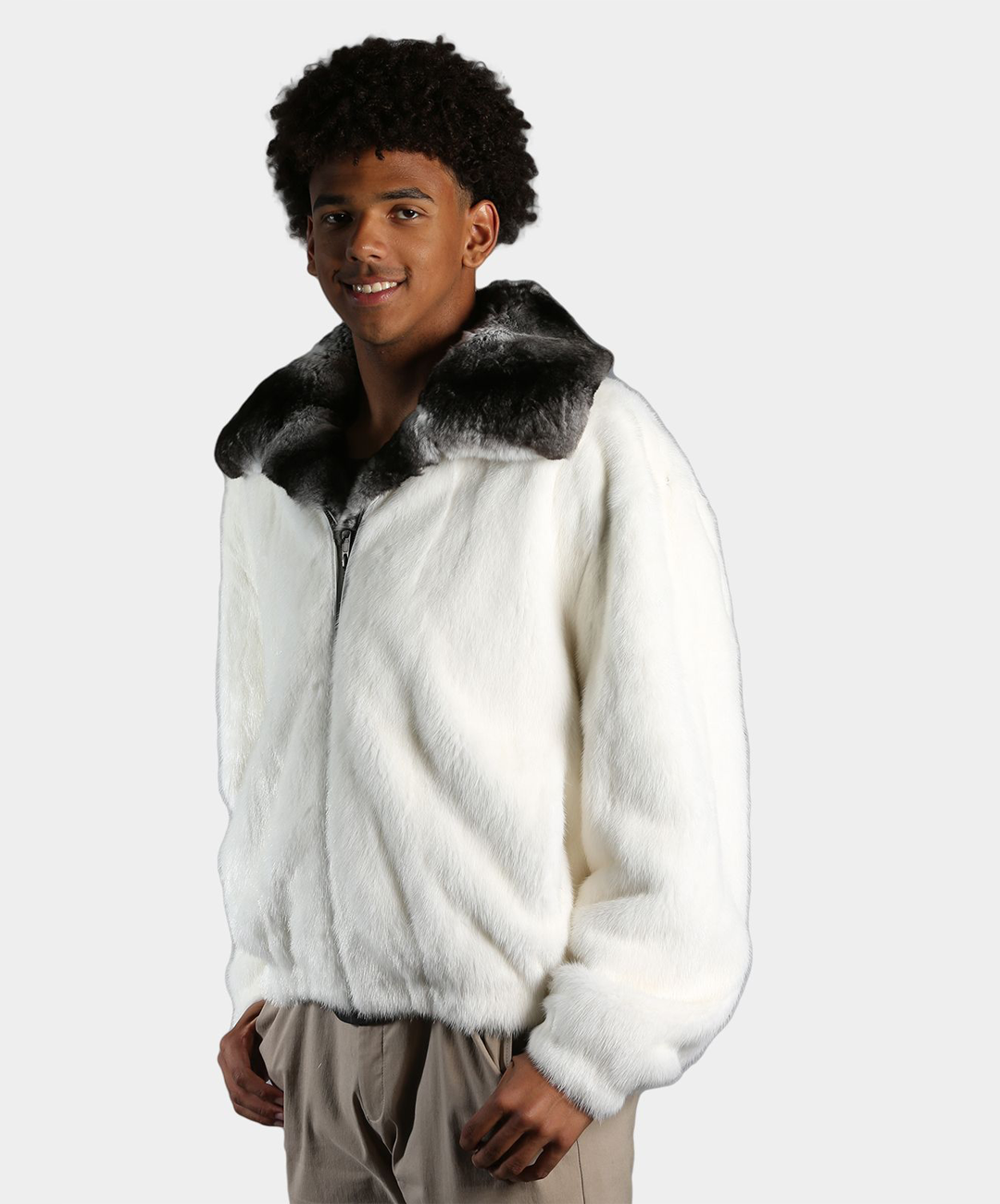 Natural White Mink Fur Bomber Jacket with Chinchilla Fur Collar