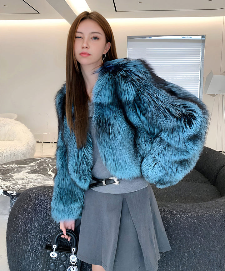 Women's Blue Dyed Silver Fox Fur Jacket