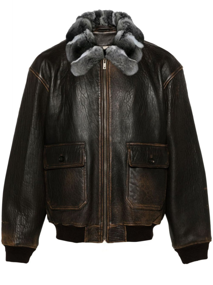 Men's 'Cognac' Leather Jacket with Chinchilla Collar