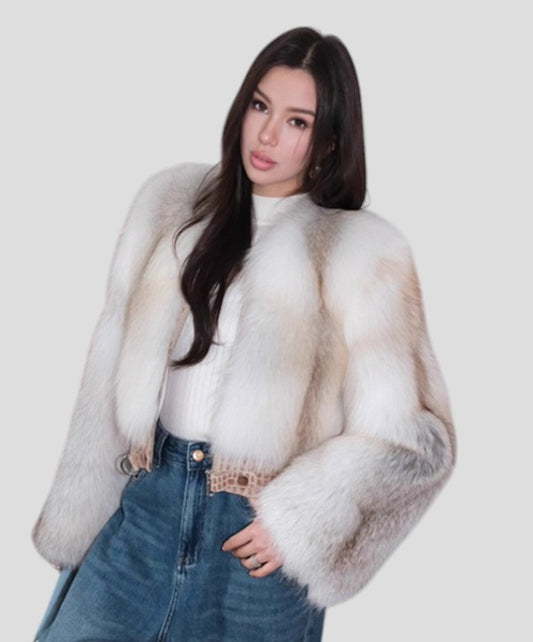 Arctic Marble Fox Fur Jacket with Himalayan Crocodile Leather