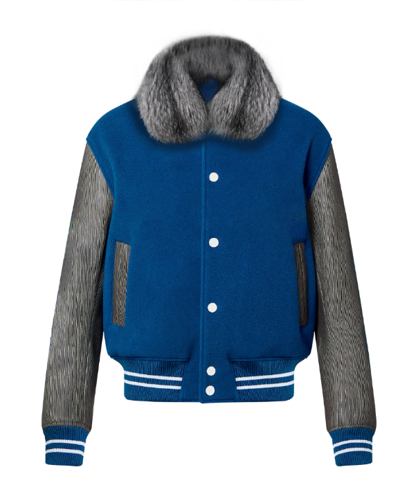 Midnight Blue Varsity Jacket with Silver Fox Fur Collar