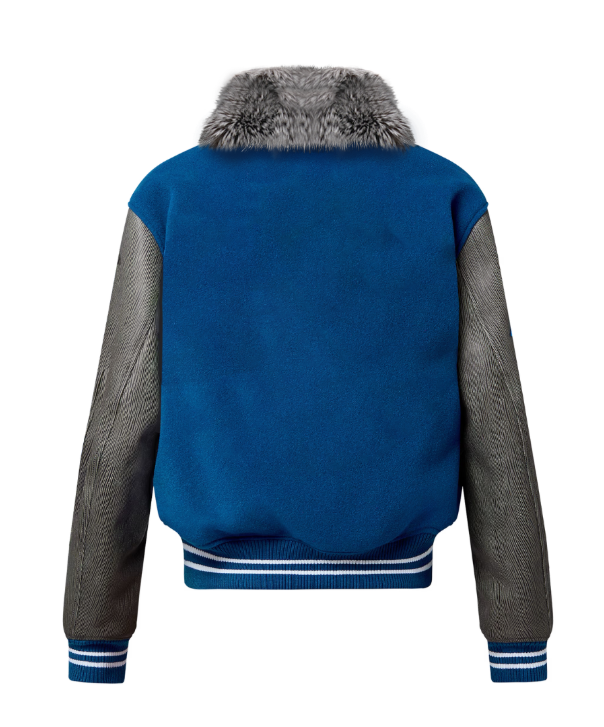 Midnight Blue Varsity Jacket with Silver Fox Fur Collar
