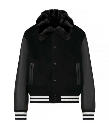 Noir Varsity Jacket with Black Chinchilla Collar