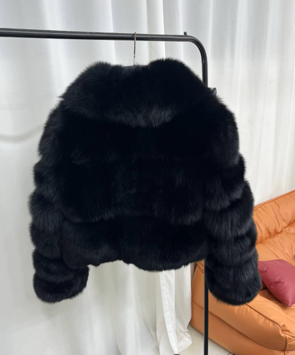 Women's Shawl Collar Black Fox Fur Jacket