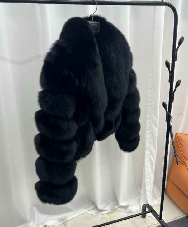 Women's Shawl Collar Black Fox Fur Jacket