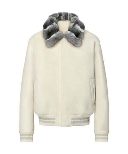 Pearl Varsity Jacket with Chinchilla Fur Collar