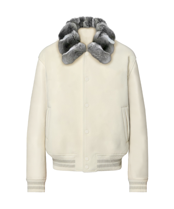 Pearl Varsity Jacket with Chinchilla Fur Collar