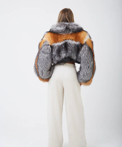 Braun gefärbte Silberfuchspelzjacke für Damen