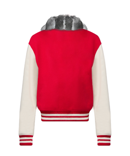 Cherry Varsity Jacket with Chinchilla Collar