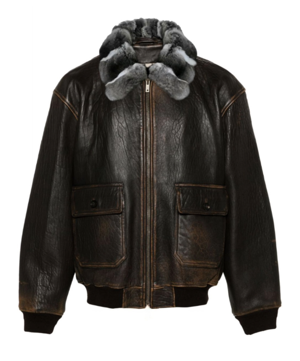 Men's 'Cognac' Leather Jacket with Chinchilla Collar