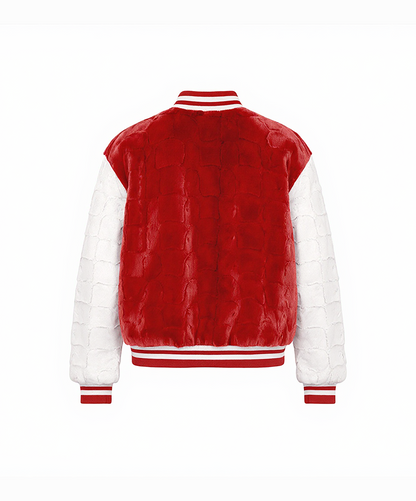 Cherry Red Diamond Cut Mink Fur Baseball Jacket