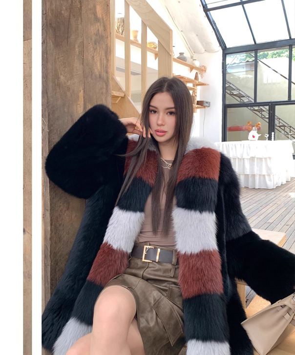 Women's Autumn Stripes Fox Fur Coat