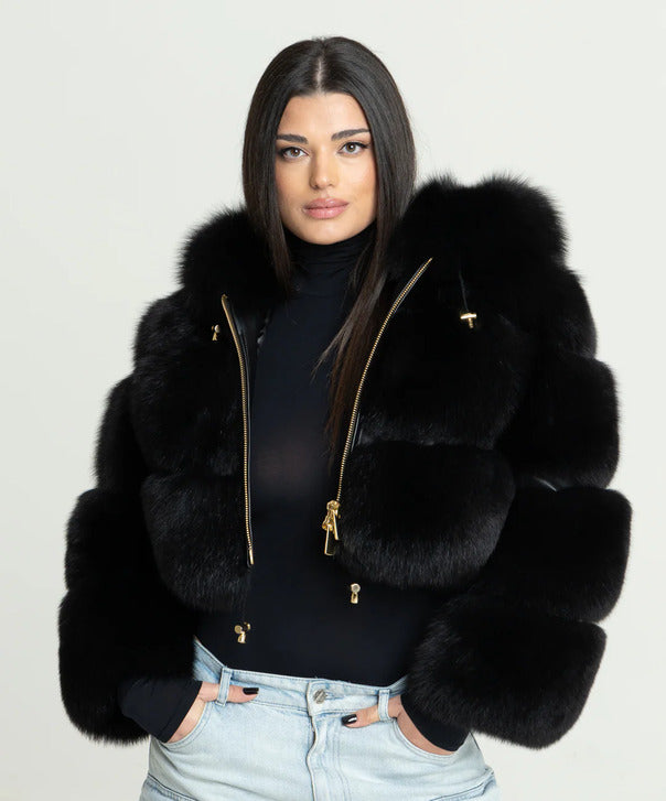 Women's 'Black' Fox Fur Hooded Bolero Jacket