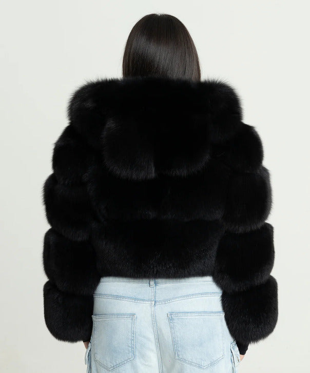 Women's 'Black' Fox Fur Hooded Bolero Jacket