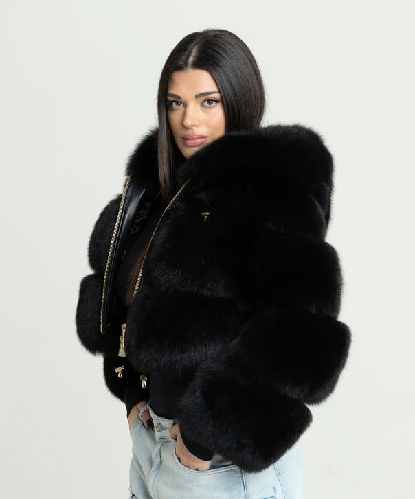 Women's 'Black' Fox Fur Hooded Bolero Jacket