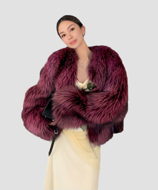 Women's Maroon Dyed Silver Fox Fur Jacket