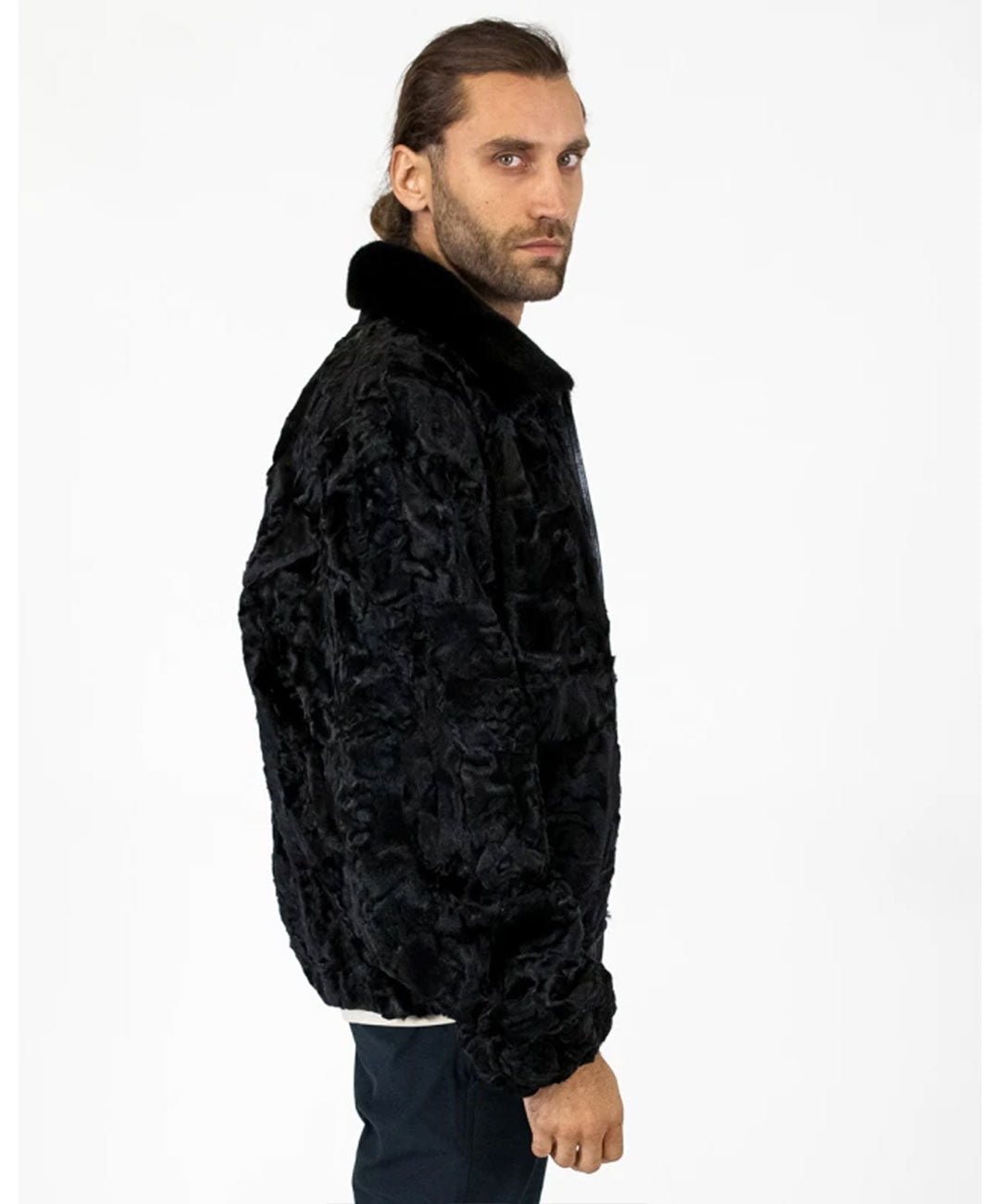 Men's Black Swakara Jacket with Mink Fur Collar