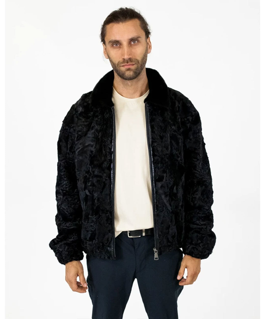 Men's Black Swakara Jacket with Mink Fur Collar