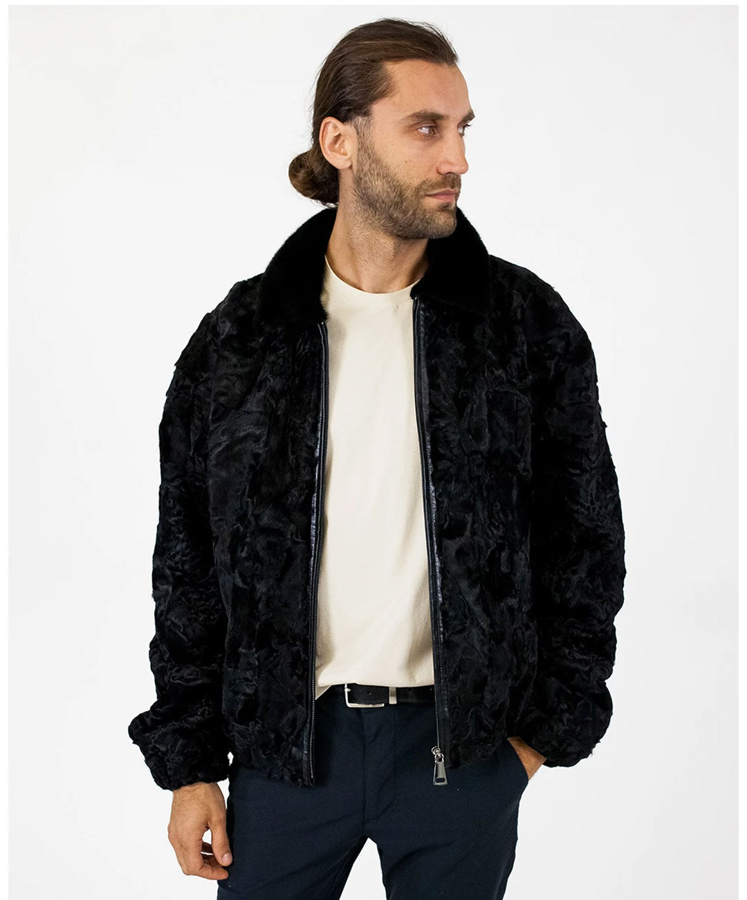Men's Black Swakara Jacket with Mink Fur Collar