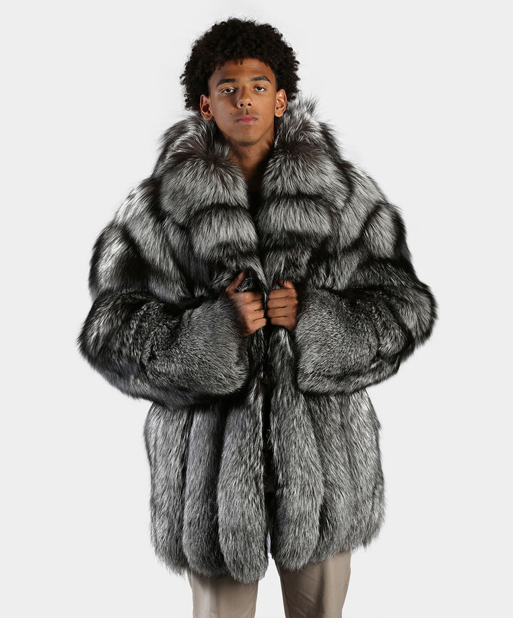 Men's Natural Silver Fox Fur 3/4 Coat