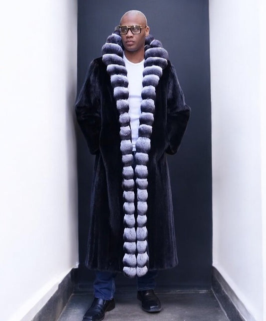Men's Full Length Black Mink & Chinchilla Fur Coat