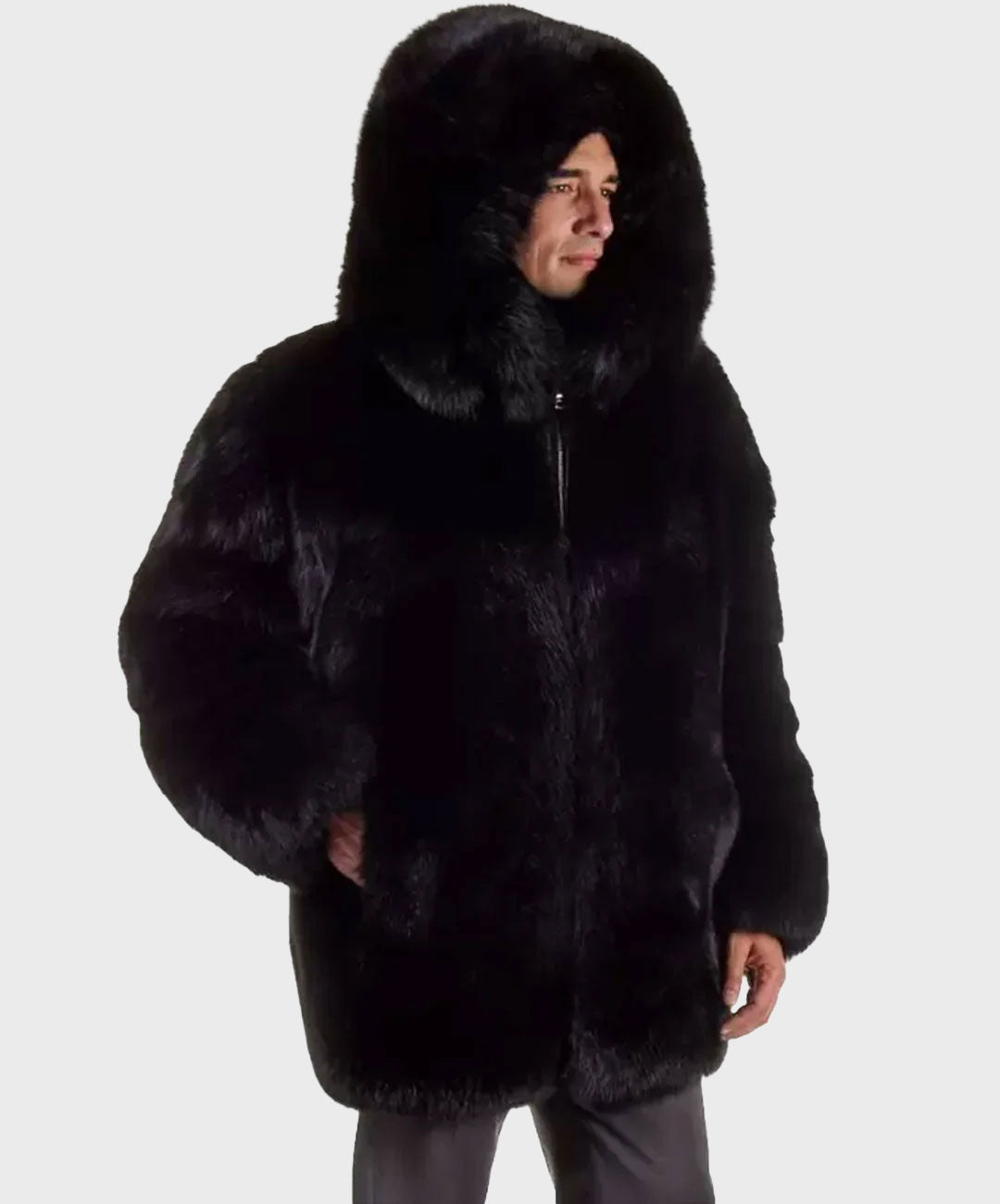 Men's Hooded Black Fox Fur Jacket