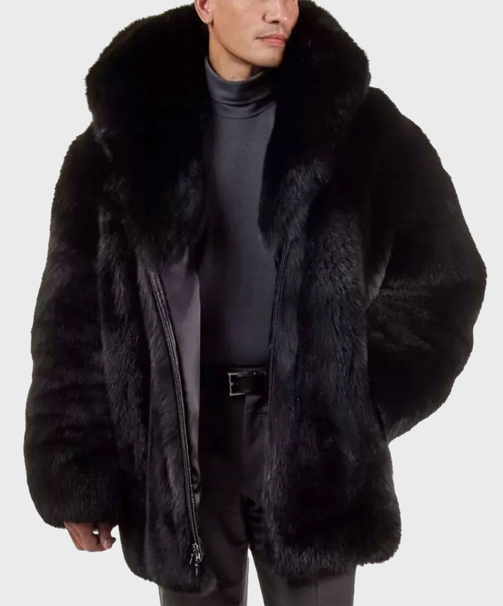 Men's Hooded Black Fox Fur Jacket