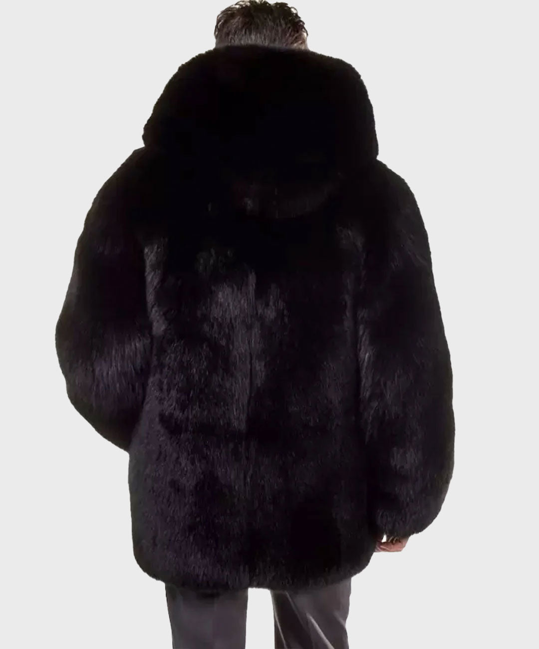 Men's Hooded Black Fox Fur Jacket