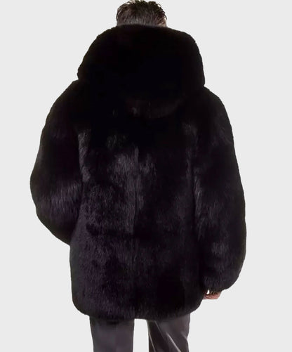 Men's Hooded Black Fox Fur Jacket
