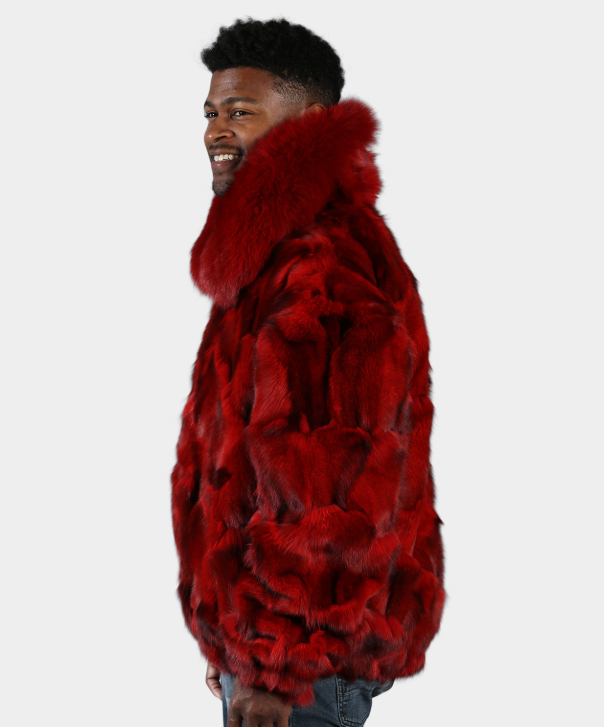 Men's 'Red' Sectioned Fox Fur Bomber Jacket