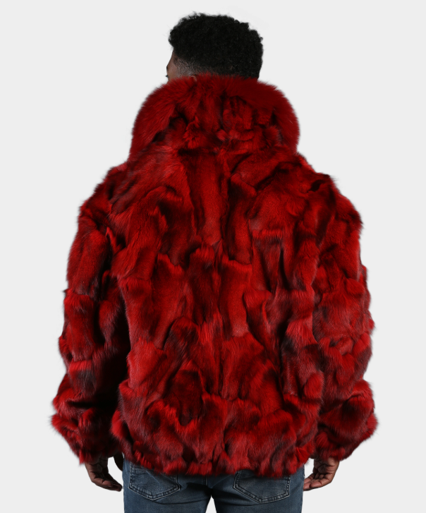 Men's 'Red' Sectioned Fox Fur Bomber Jacket