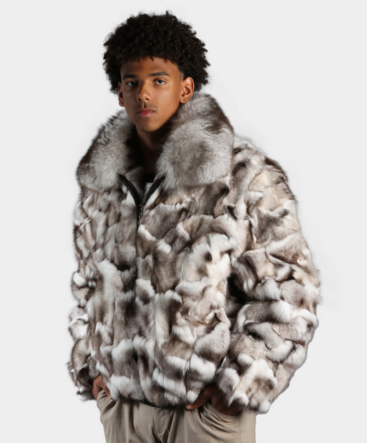 Natural Blue Sectioned Fox Fur Bomber Jacket