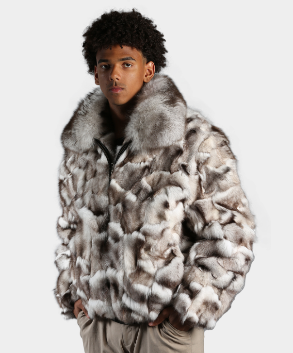 Men's Sectioned Natural Blue Fox Fur Bomber Jacket