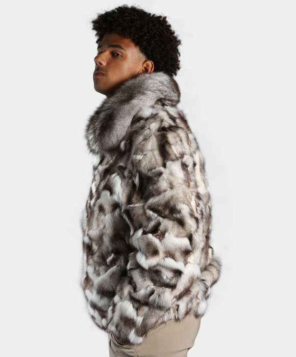 Natural Blue Sectioned Fox Fur Bomber Jacket