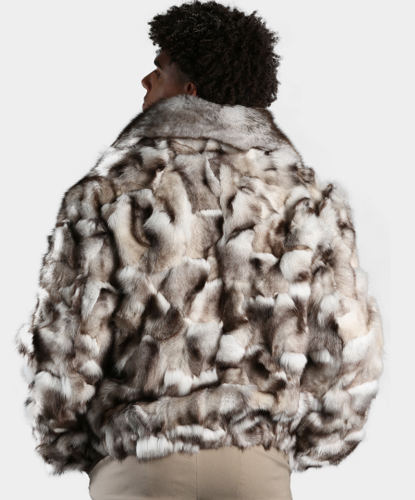 Natural Blue Sectioned Fox Fur Bomber Jacket