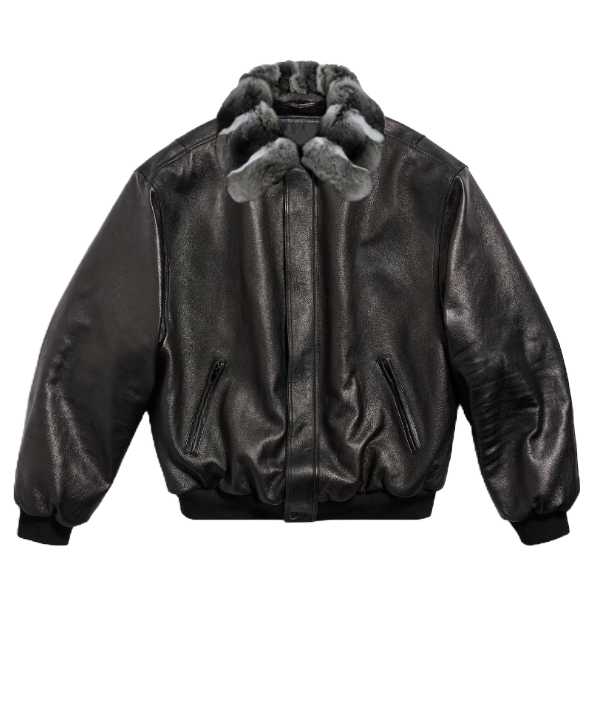 Men's 'Jet Black' Leather Jacket with Chinchilla Collar