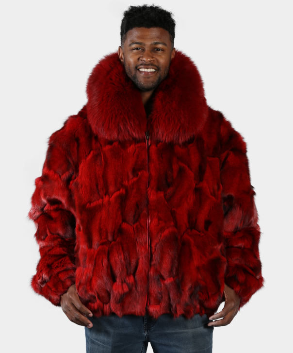 Men's 'Red' Sectioned Fox Fur Bomber Jacket