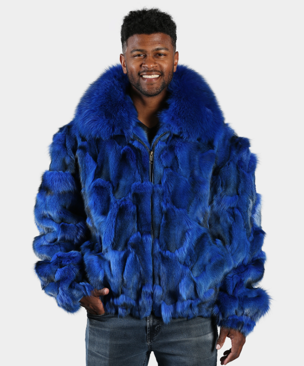 Men's 'Blue' Sectioned Fox Fur Bomber Jacket