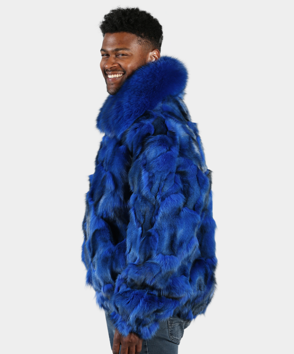 Men's 'Blue' Sectioned Fox Fur Bomber Jacket