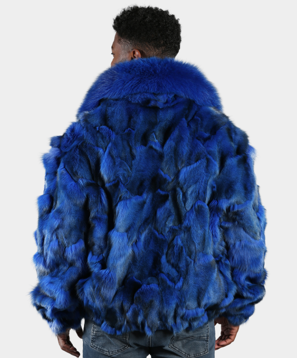 Men's 'Blue' Sectioned Fox Fur Bomber Jacket